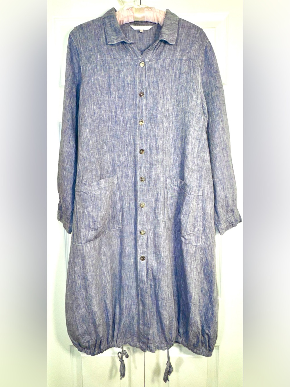 Kleen 100% Linen Button Front Drawstring Hem Dress Blue XS